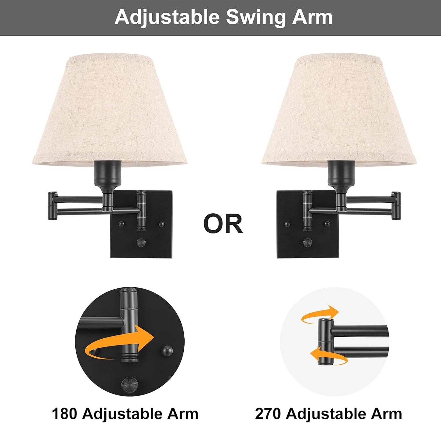 TRLIFE Wall Sconce Plug in, Dimmable Wall Sconces Set of Two Swing Arm Wall Lights with Plug in Cord and On/Off Dimmer Rotary Switch, 9.4" Medium Beige Fabric Shade(2 Pack, 2 Bulbs)