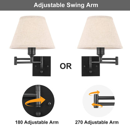 TRLIFE Wall Sconce Plug in, Dimmable Wall Sconces Set of Two Swing Arm Wall Lights with Plug in Cord and On/Off Dimmer Rotary Switch, 9.4" Medium Beige Fabric Shade(2 Pack, 2 Bulbs)