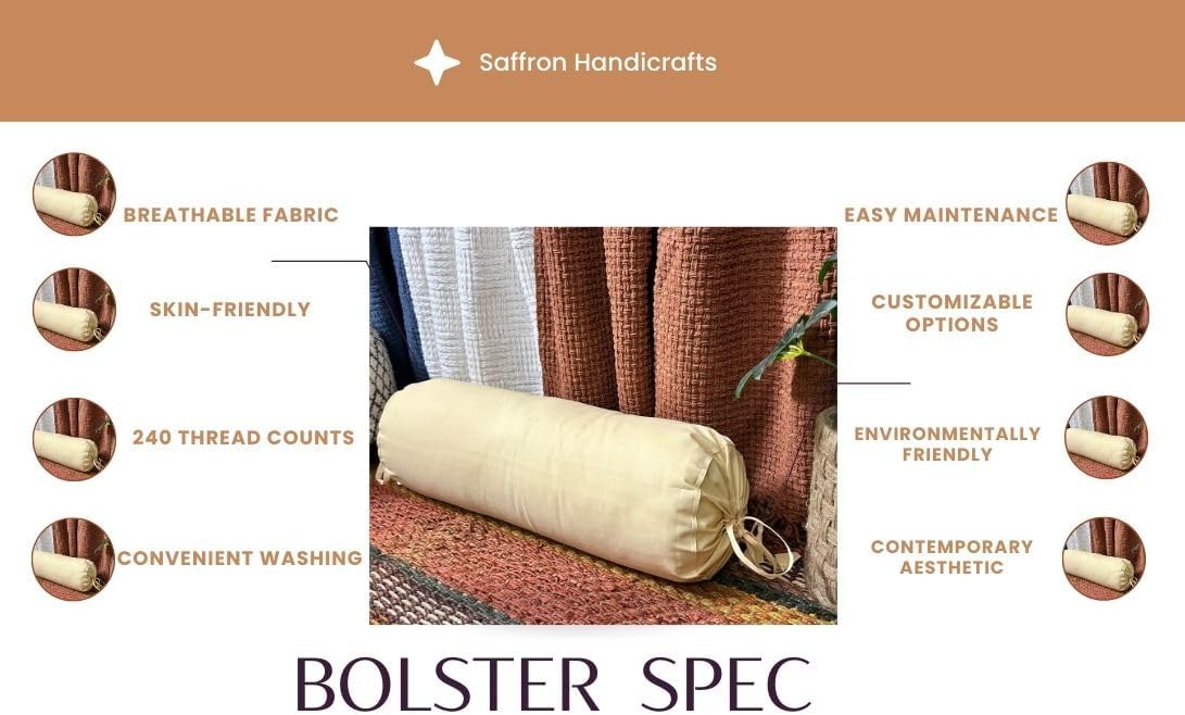 Saffron HANDICRAFTS Cotton 240TC - Bolster Cover Full Round Removable Cover for Neck Roll, Leg Rest,Yoga Practice, Meditation, Bed Sofa Couch (Teal Blue, 8"x24"(20 cm x 60 cm))