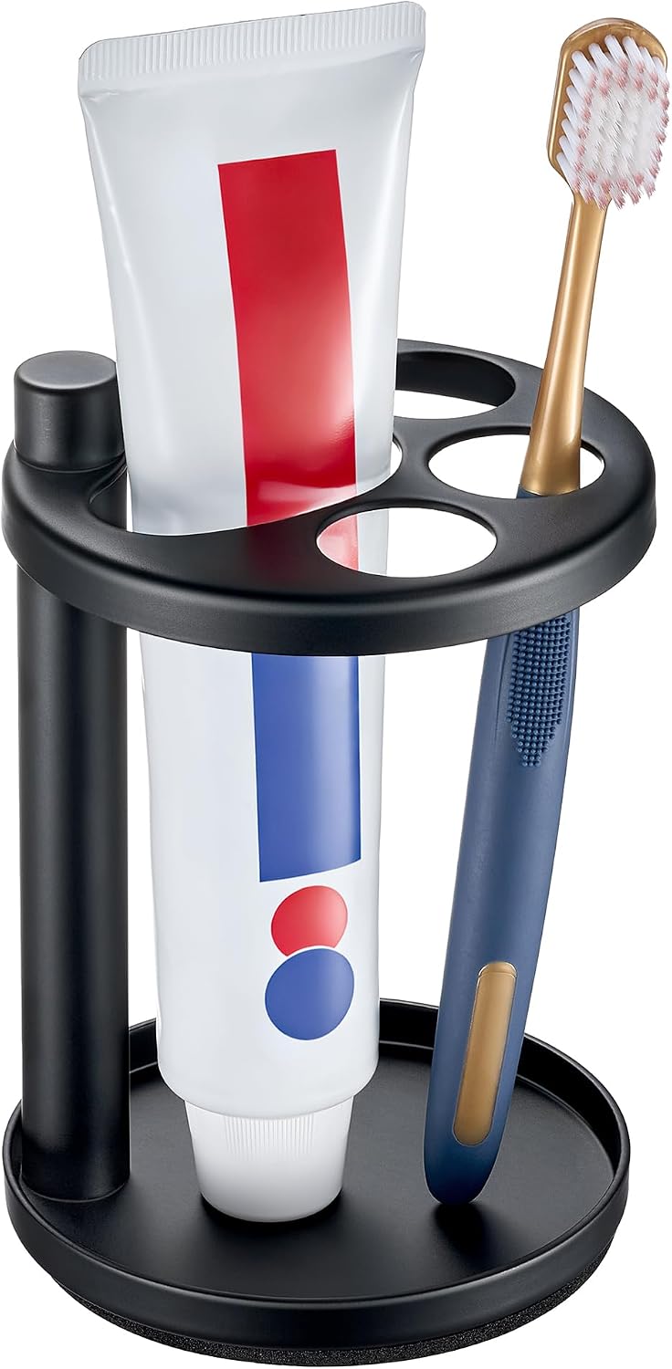 Toothbrush & Toothpaste Holder for Bathroom Countertop, Metal Electric Toothbrush Stand with Razor Slot, Ideal Design Caddy for Kids & Family, Black