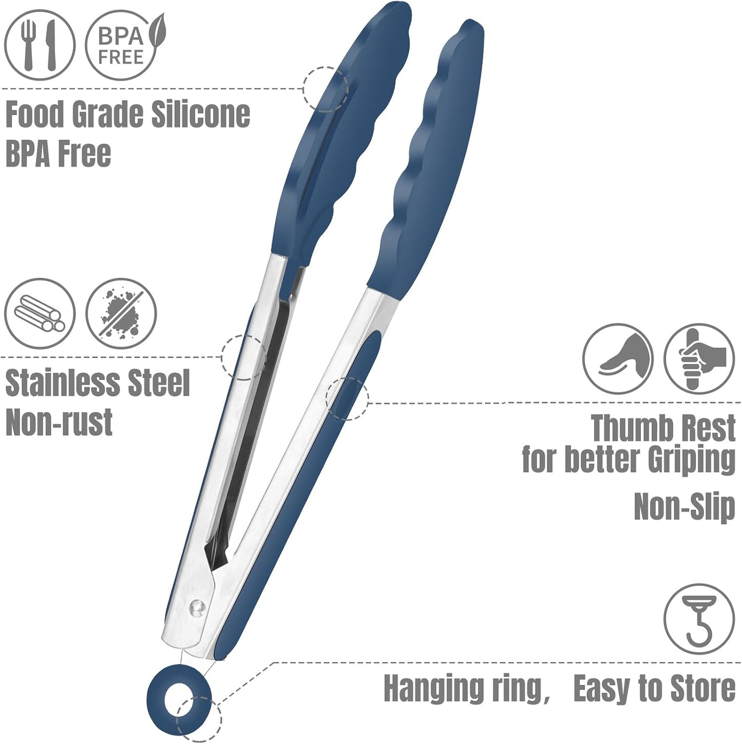 Hotec Mini Silicone Kitchen Tongs for Cooking - 7-Inch Small Serving Tongs with Silicone Tips, Set of 3 (Black,Grey,Light Blue)