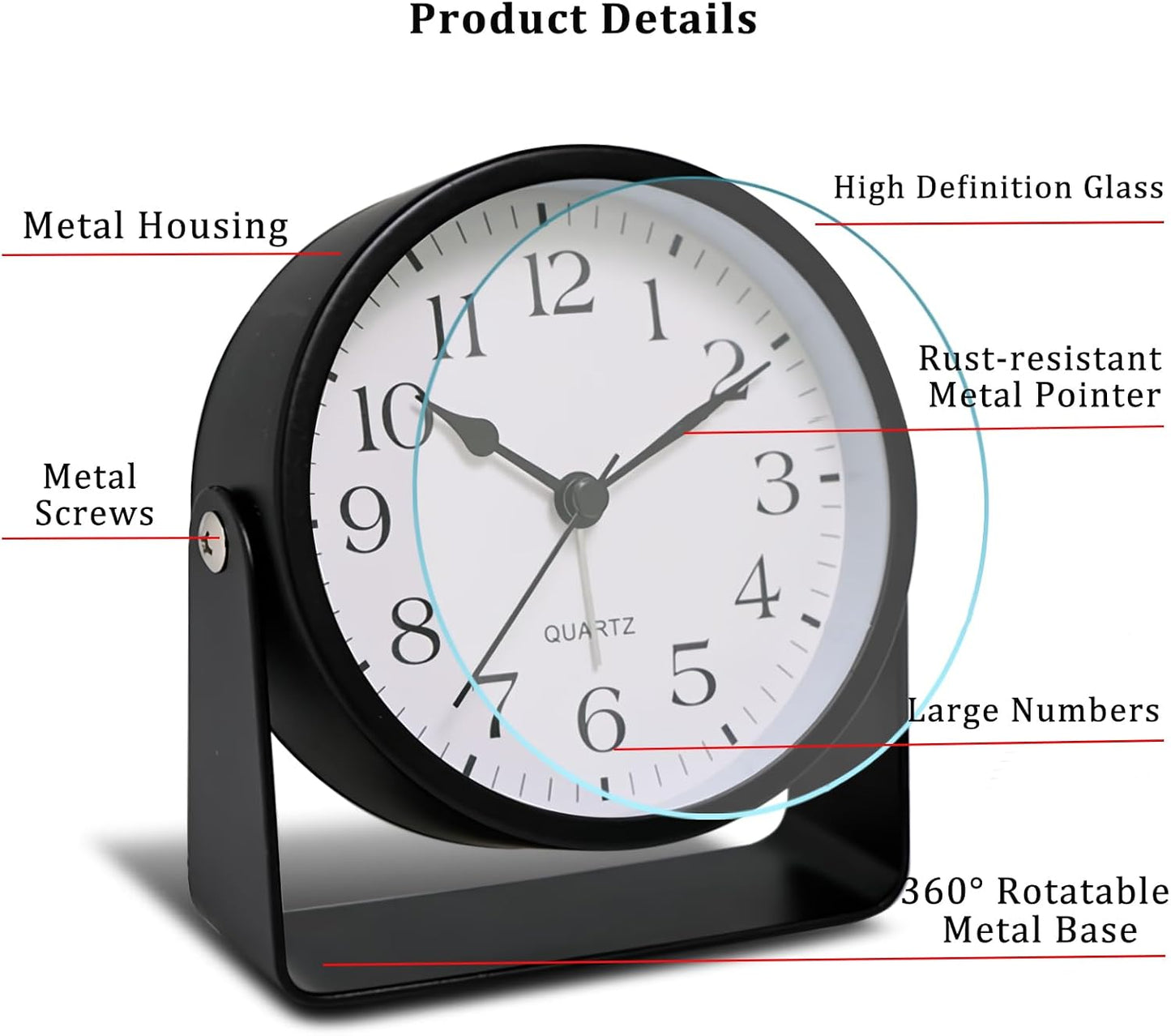 Analog Alarm Clock - 4.5" Silent Non Ticking Small Clock with Light, Rotatable Stand Metal Desk Clock Battery Operated, Simple Design for Living Room Decor/ Bedroom/Bedside/Shelf (Black & White)