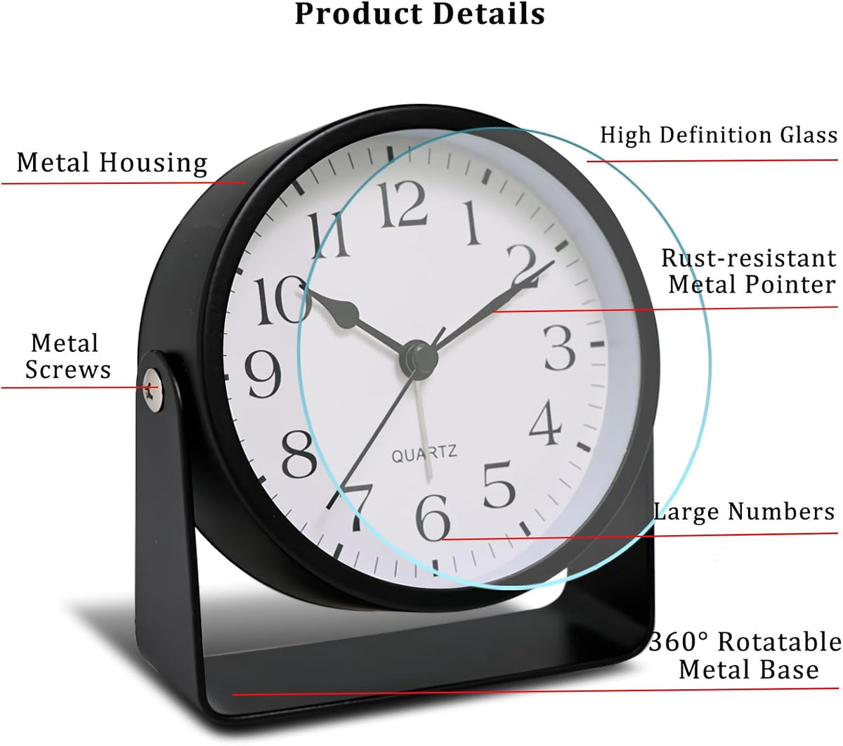 Analog Alarm Clock - 4.5" Silent Non Ticking Small Clock with Light, Rotatable Stand Metal Desk Clock Battery Operated, Simple Design for Living Room Decor/ Bedroom/Bedside/Shelf (Black & White)