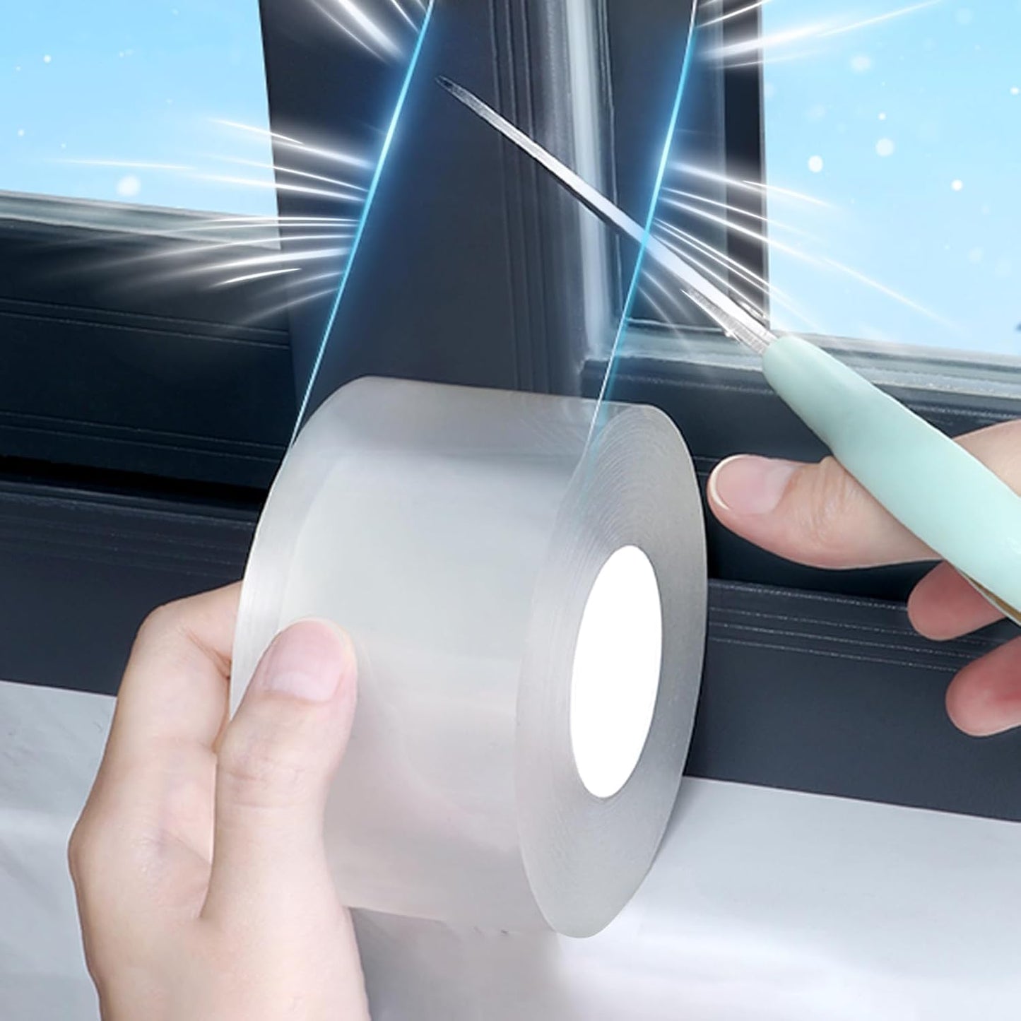 Window Weather Sealing Tape 2 Inch x 33 FT Weather Stripping Residue-Free Clear Window Draft Isolation Sealing Film Caulk Tape for Doors and Shower Glass Gaps Bathroom