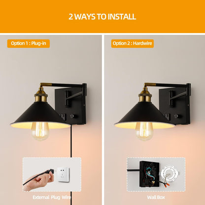 Bedside Wall Mount Light with Dimmable Switch and Outlet, Swing Arm Fabric Shade Wall Sconce Light with USB Port and Plug in Cord, Black Wall Lamp for Bedroom, Living Room and Hotel