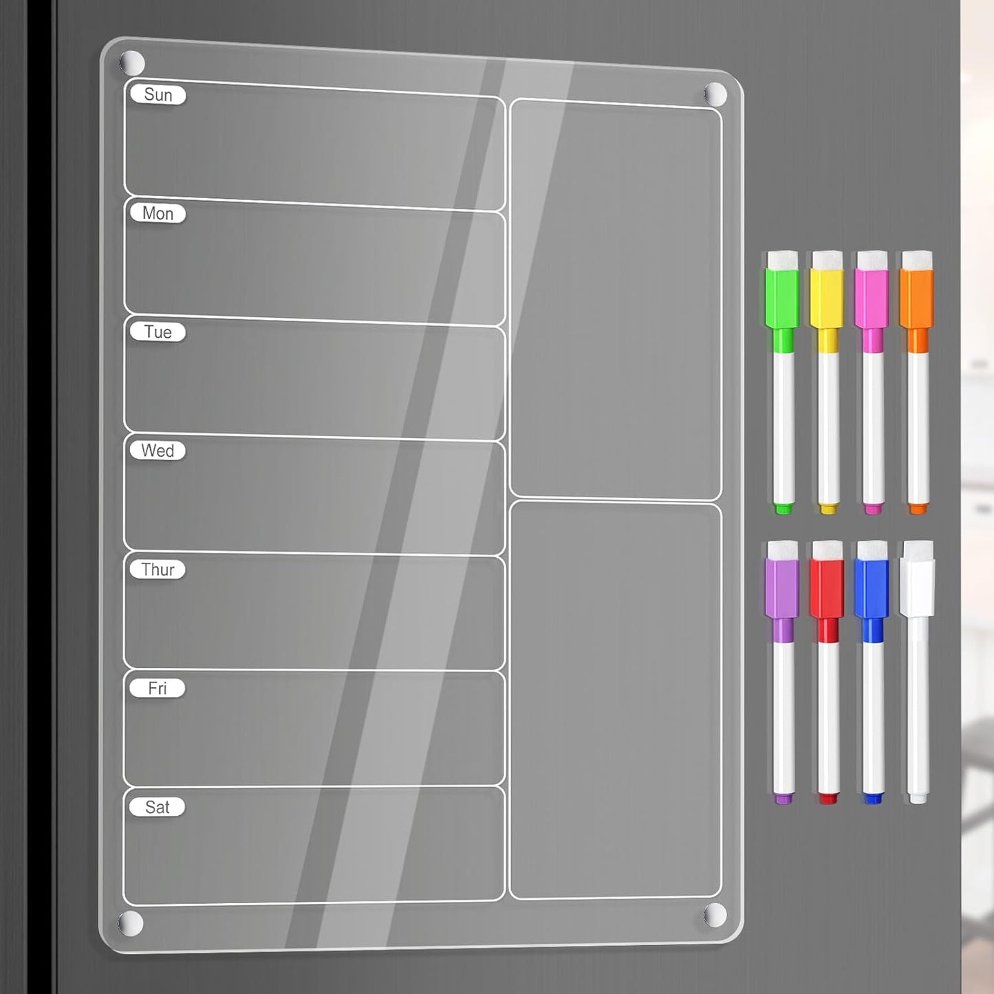 Acrylic Meal Planner Weekly Calendar Menu Board for Kitchen, w/ 8 Markers | Clear Weekly Fridge Calendar Planning Note Board Dry Erase to Do/Grocery/Shopping List/Chore Chart, 12.8x9’’
