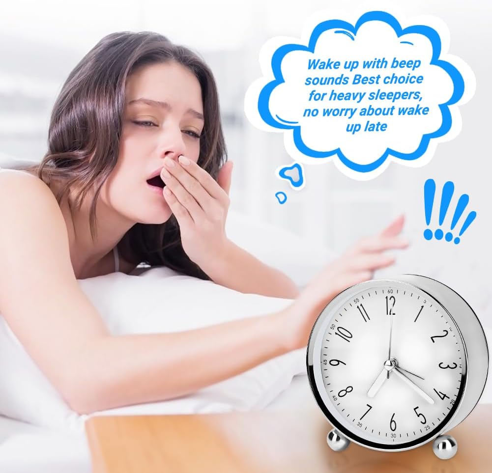 Welltop Analog Alarm Clock, 4 inch Super Silent Non Ticking Small Round Clock with Arabic Numerals Beep Sounds, Battery Operated, Lighted on Demand and Snooze, for Bedrooms Bedside Desk, Easy Set