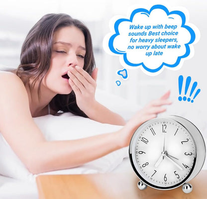Welltop Analog Alarm Clock, 4 inch Super Silent Non Ticking Small Round Clock with Arabic Numerals Beep Sounds, Battery Operated, Lighted on Demand and Snooze, for Bedrooms Bedside Desk, Easy Set