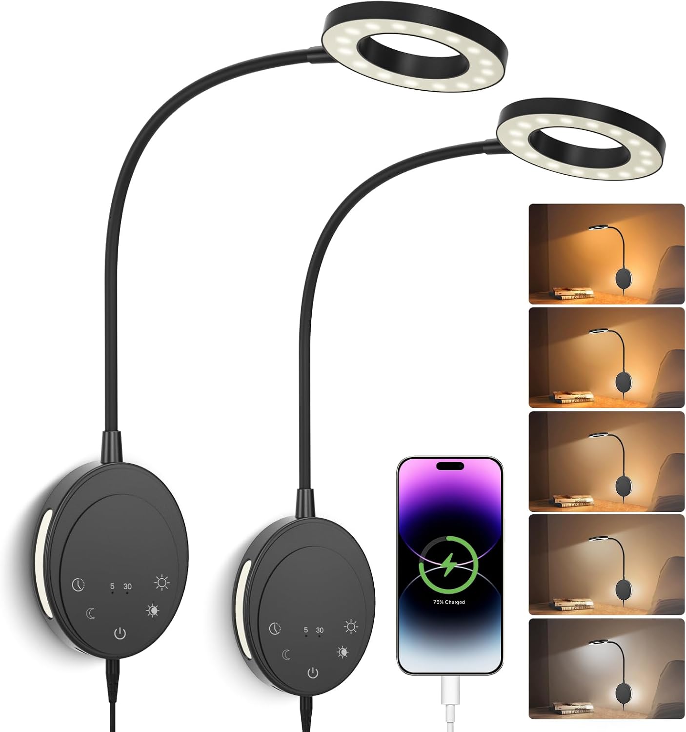 Wall Mounted Reading Light, Bedside Headboard Lights with 5 Color Temperature & 5 Dimming, 360 Flexible Gooseneck, USB Output, Night Light & Timer Function - Perfect for Reading (Black)