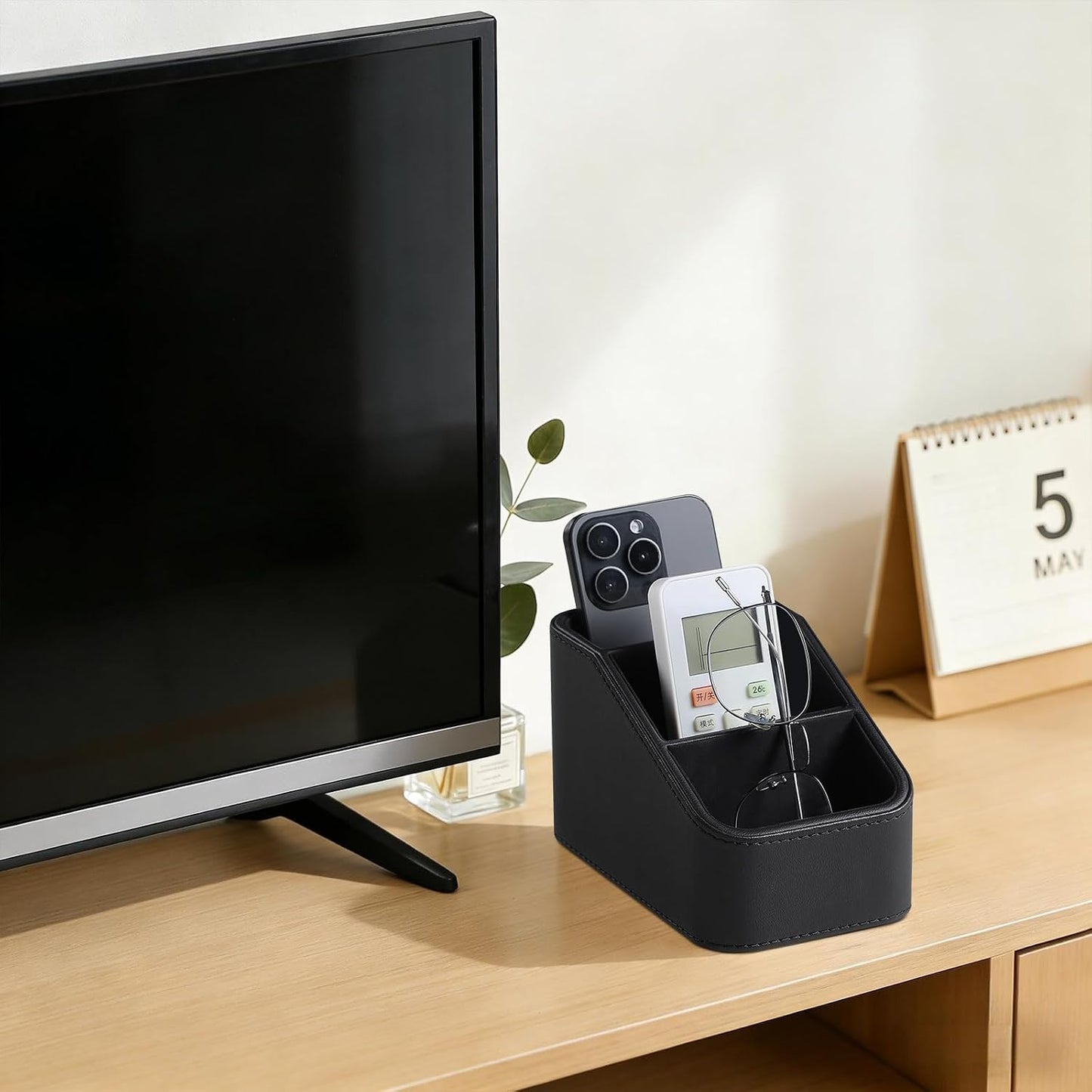 Remote Control Holder, Small Desk Organizer TV Remote Caddy, Black | PU Leather 3 Compartments Remote Holder, Remote Organizer Nightstand Organizer for Couch Bedside Living Room Office