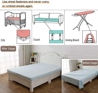 Adjustable Bed Sheet Straps Clips, Elastic Mattress Sheet Fasteners Holder and Suspenders, Grippers to Hold Sheet, Mattress, Sofa, Couch, Table Cloth, Recliner Ironing Board Cover and More