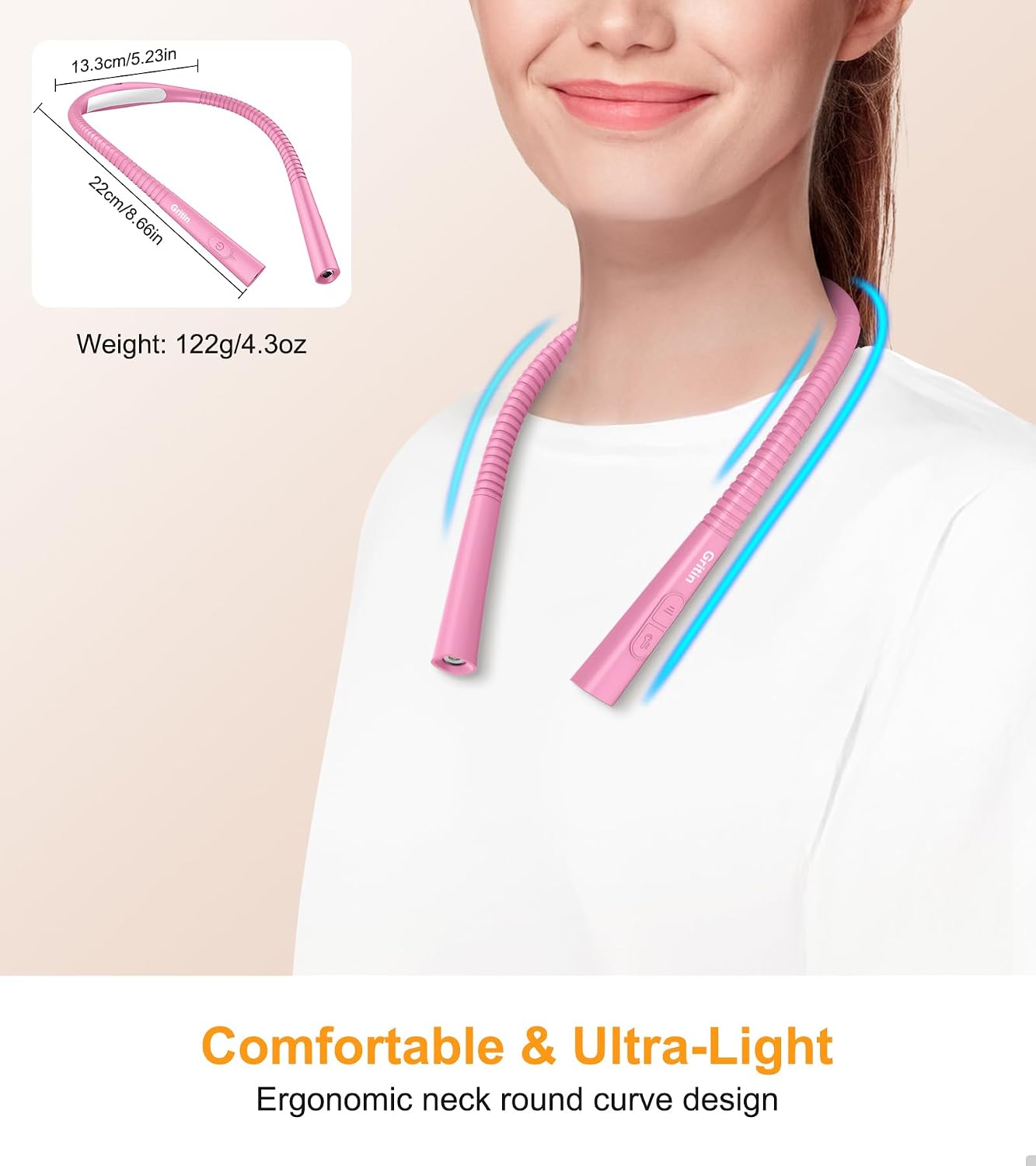 Gritin Book Light, Eye Caring 4-Color&5-Brightness Neck Light Reading Light | Stepless Dimming, 30-min Timer, 80+ Hrs Runtime, Bendable Round Neck Design, Lightweight for Reading, Knitting, Repairing