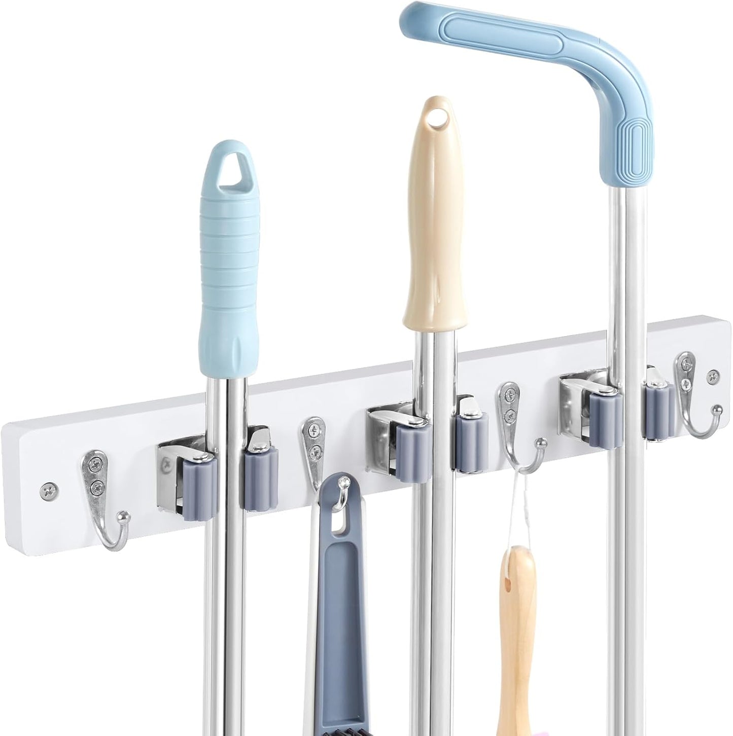 White Broom Holder Wall Mount - Heavy Duty Wood Mop and Broom Organizer with 5 Slots & 4 Hooks - Garden Tool Hanger for Laundry Room Closet Kitchen Garage Storage and Organization - Modern Home Decor