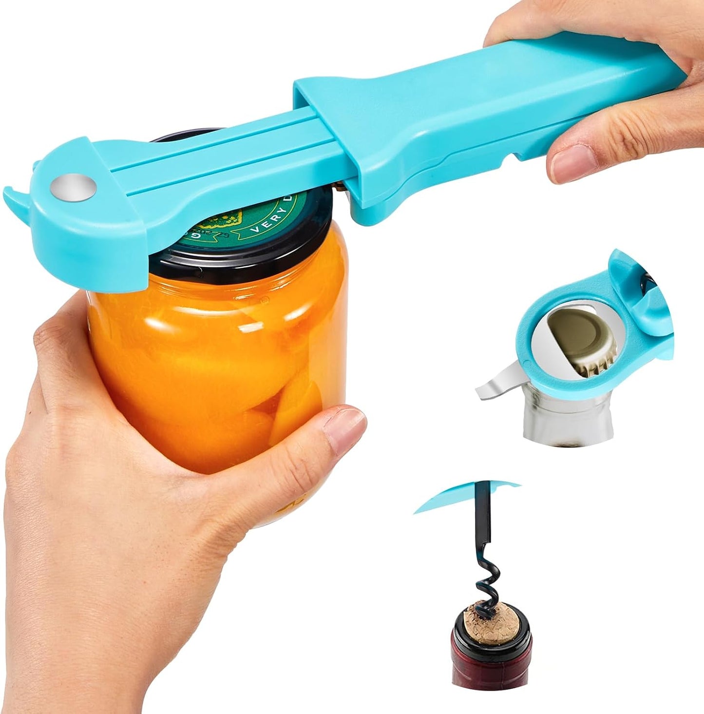 Jar Opener for Seniors with Arthritis, 7 in 1 Bottle Opener and Wine Corkscrew, Easy Grip Kitchen Gadget for Weak Hands Elderly, Retractable Jaw Lid Opener with Magnetic Storage (Teal)