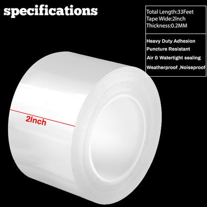Qoqooice Transparent Window Weather Sealing Tape 2 Inch x 33 FT Weather Stripping Residue-Free Clear Window Insulation Tape for Doors Windows and Shower Glass Gaps