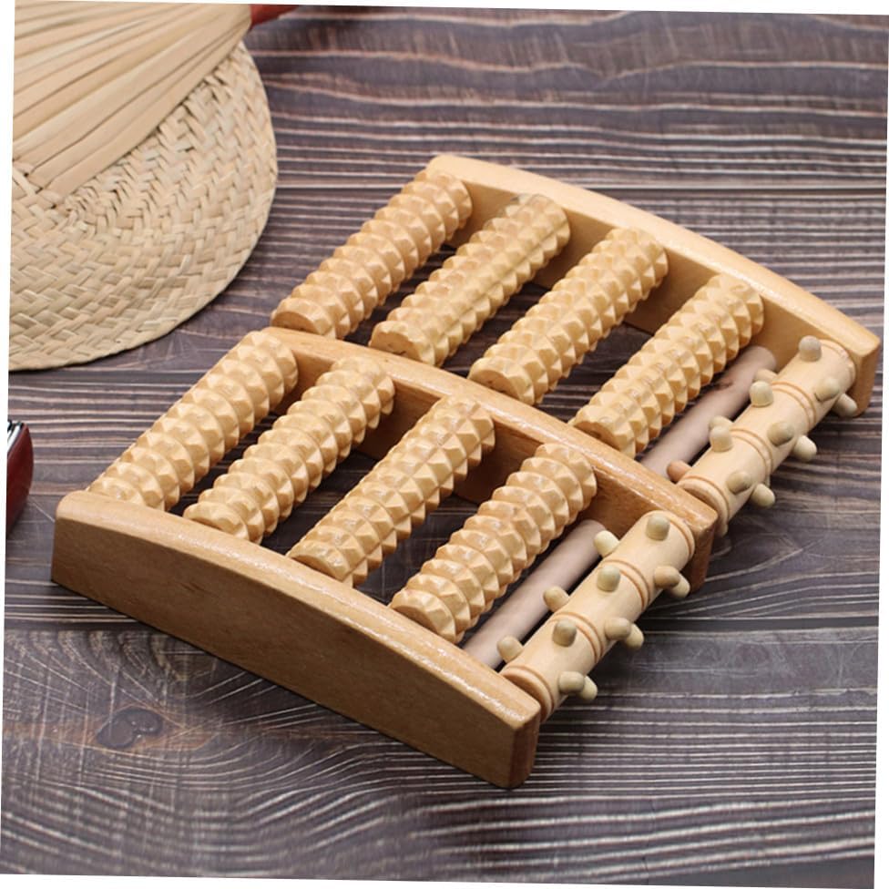 Wooden Dual Foot Massager Roller with Five Row Beads for Feet