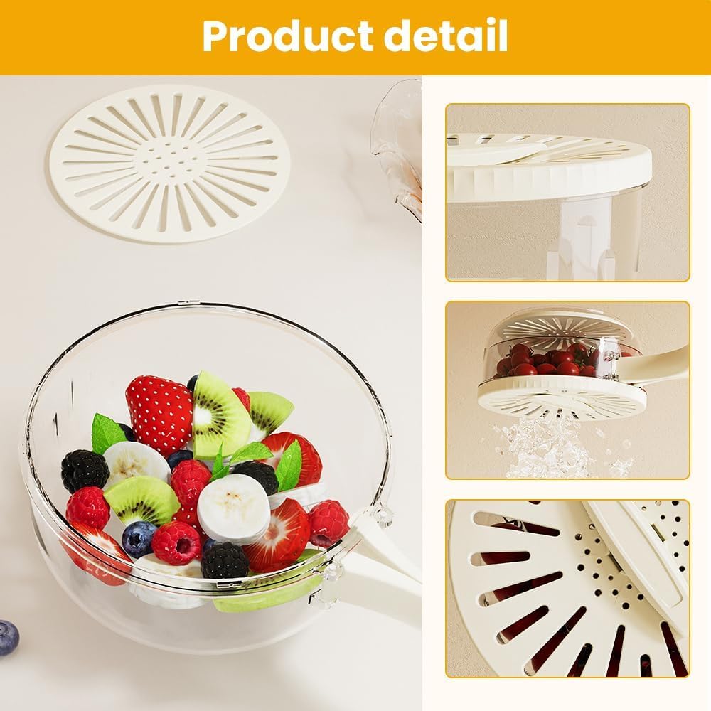 Fruit Washing Wowl with Strainer, 2026 New Multipurpose Drain Basket with Lid, 2 in 1 Fruit Drainer Container with Foldable Handle for Refrigerator Kitchen (White, 1PCS)