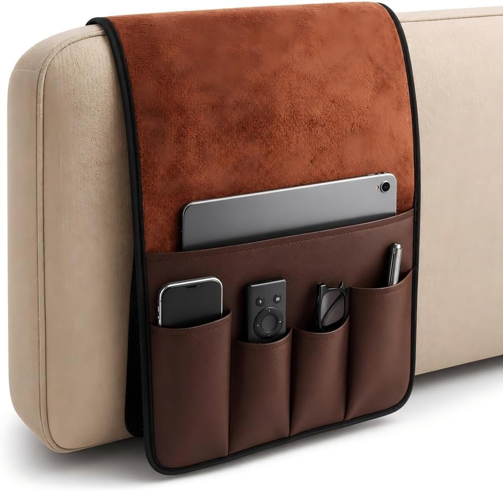 Anti-Slip PU Leather Velvet Sofa Couch Chair Armrest Soft Caddy Organizer Holder with 5 Pockets for Phone, Book, Magazines, TV Remote Control - Draped Over Sofa, Couch, Recliner Armrest (Brown)
