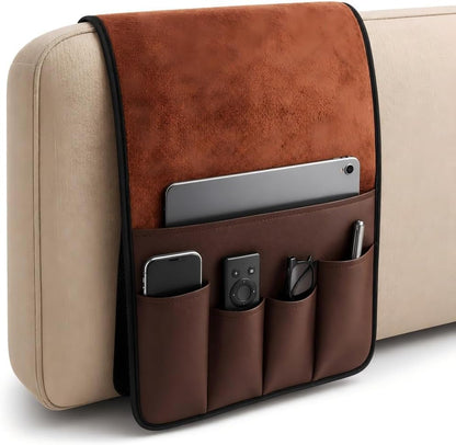 Anti-Slip PU Leather Velvet Sofa Couch Chair Armrest Soft Caddy Organizer Holder with 5 Pockets for Phone, Book, Magazines, TV Remote Control - Draped Over Sofa, Couch, Recliner Armrest (Brown)