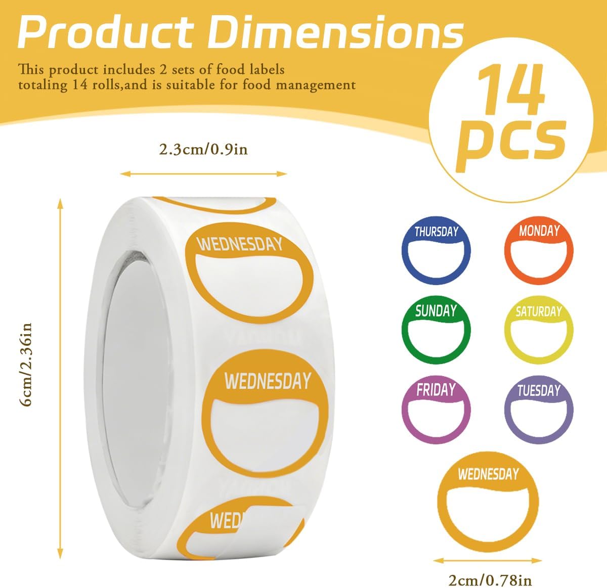 Day Dots Food Labels,14 Rolls, 7000 Pieces (7000) | Round Day of the Week Stickers, Removable Food Date Labels Stickers for Kitchen Restaurant Freezer Containers Storage