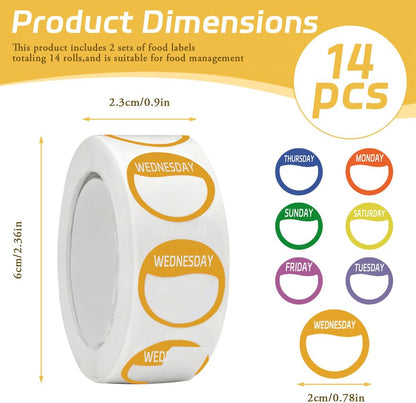 Day Dots Food Labels,14 Rolls, 7000 Pieces (7000) | Round Day of the Week Stickers, Removable Food Date Labels Stickers for Kitchen Restaurant Freezer Containers Storage