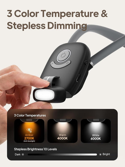 Neck Reading Light - Flexible Neck Book Light in Bed 3 Colors Hands free | Flexible Silicone Neck Holder, Stepless Dimming, 10 Brightness, 1H Timer, 80H Rechargeable, 2000mAh, USB-C, Eye Care
