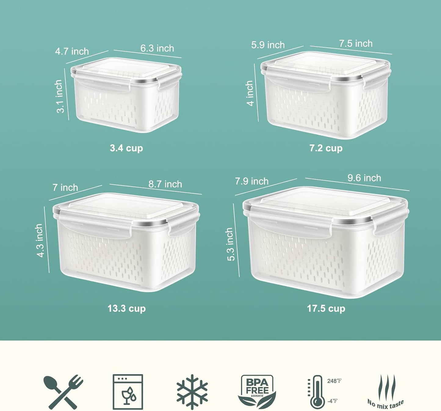 8 Pieces Fruit Storage Containers for Fridge with Lids and Strainer | 4Pack Fruit Containers for Fridge, Fresh Produce Saver Keeper for Vegetable Fruit Salad, BPA Free Organizer for Refrigerator