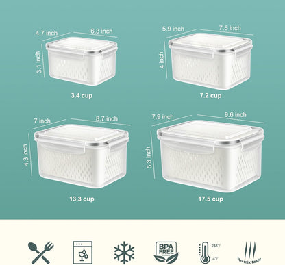 8 Pieces Fruit Storage Containers for Fridge with Lids and Strainer | 4Pack Fruit Containers for Fridge, Fresh Produce Saver Keeper for Vegetable Fruit Salad, BPA Free Organizer for Refrigerator
