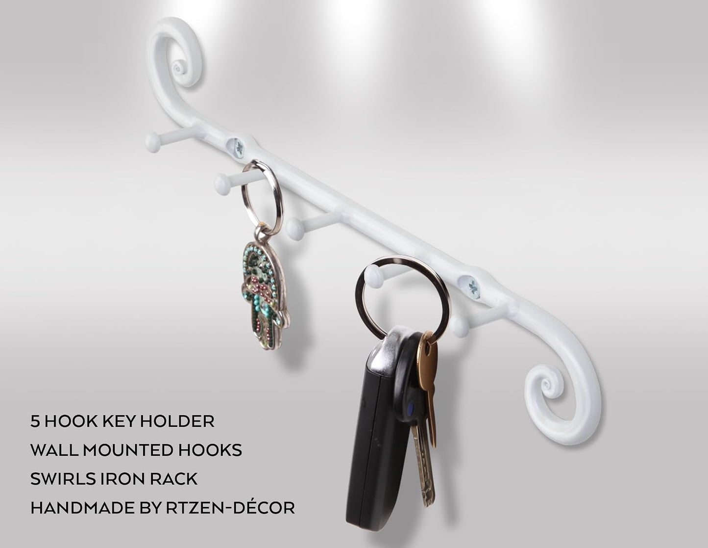 Farmhouse Small Key Holder for Wall, Wrought Iron Wall Mount Rack | Handcrafted Swirl Decorative, 5 Key Hooks for Home Entryway, Purse, Coat and Leash Holder or Organizer (Classic Black)