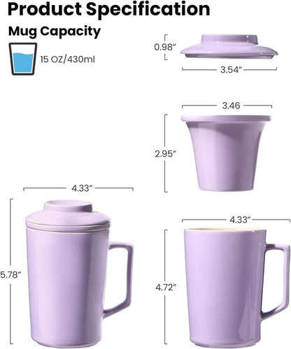 15 oz Ceramic Tea Infuser Cup with Lid - Tea Mug with All Porcelain Strainer for Loose Leaf Teas,Microwave and Dishwasher Safe,Metal-Free,BPA-Free for Tea Lovers/Birthday (Black)