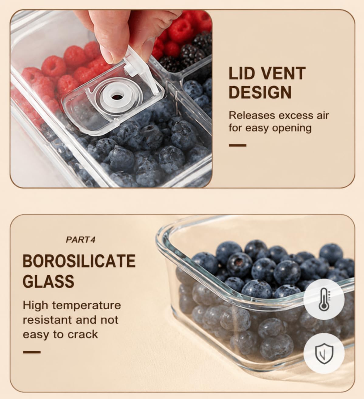Glass Berry Container for Fridge, 3 Pack, 56oz 35oz 25oz, with Removable Colander and Vent Valve, Fresh Produce Storage Set