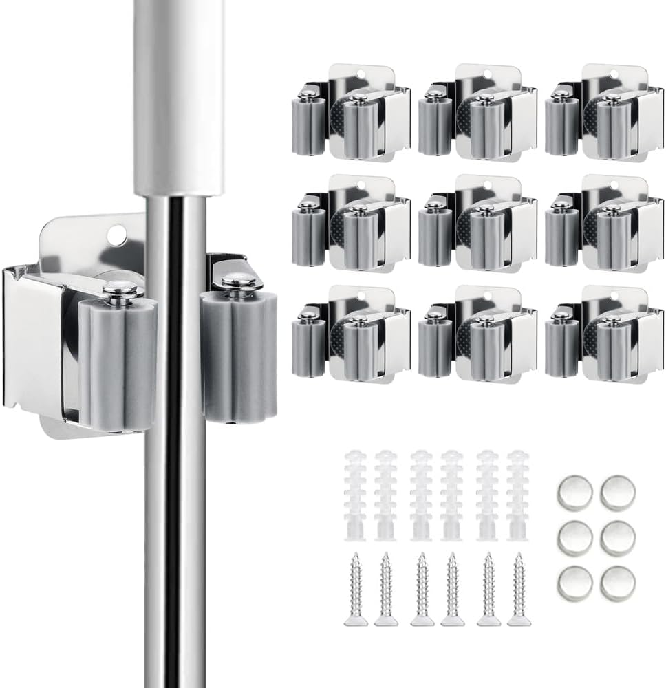 JAMEND CLXP 6PCS Broom and Mop Holder, Heavy Duty Garden Tool Organizer Rack Rake and Shovel Handle, Stainless Steel Mop Hanger. Screws for Wall Mounted. Matte Black