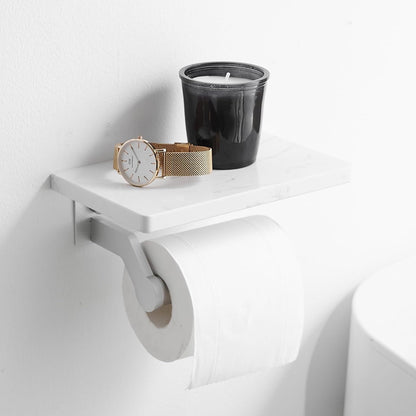 Hoimpro Toilet Paper Holder Wall Mounted, Marble Tissue Roll Rack | Brushed Gold | White Natural Marble Shelf Hand Paper Roll Holder, for Bathroom Kitchen Washroom Bedroom Aluminum