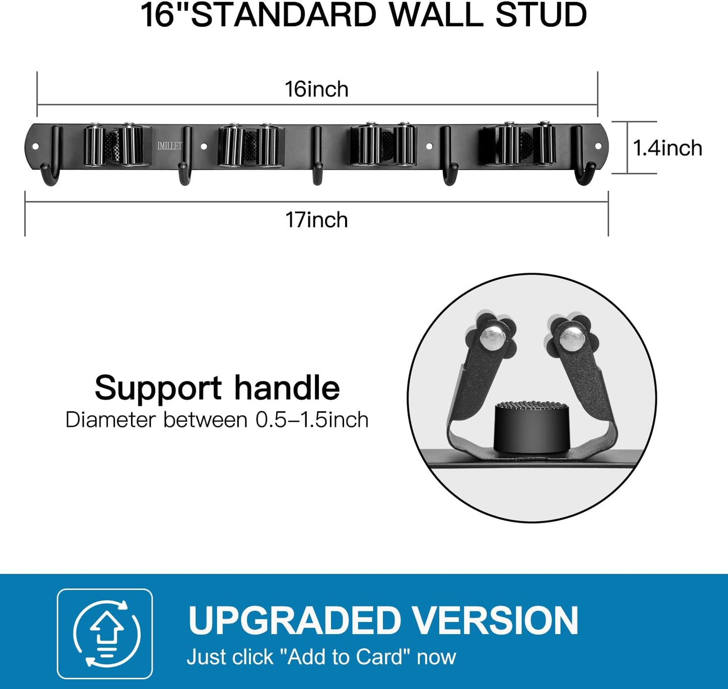 IMILLET Broom Holder Wall Mount, Heavy Duty Garage Organization Mop Hanger | Stainless Steel Broom and Mop Organizer Wall Hanging Self Adhesive for Laundry Room,Garden,Utility