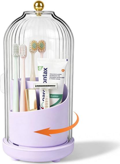 Toothbrush Holders with Cover Toothpaste Organizer for Bathroom, White | 360° Rotating, Dustproof Sliding Lid, Drainage Holes, Waterproof, for Kids Electric Toothbrush Makeup Brush Storage