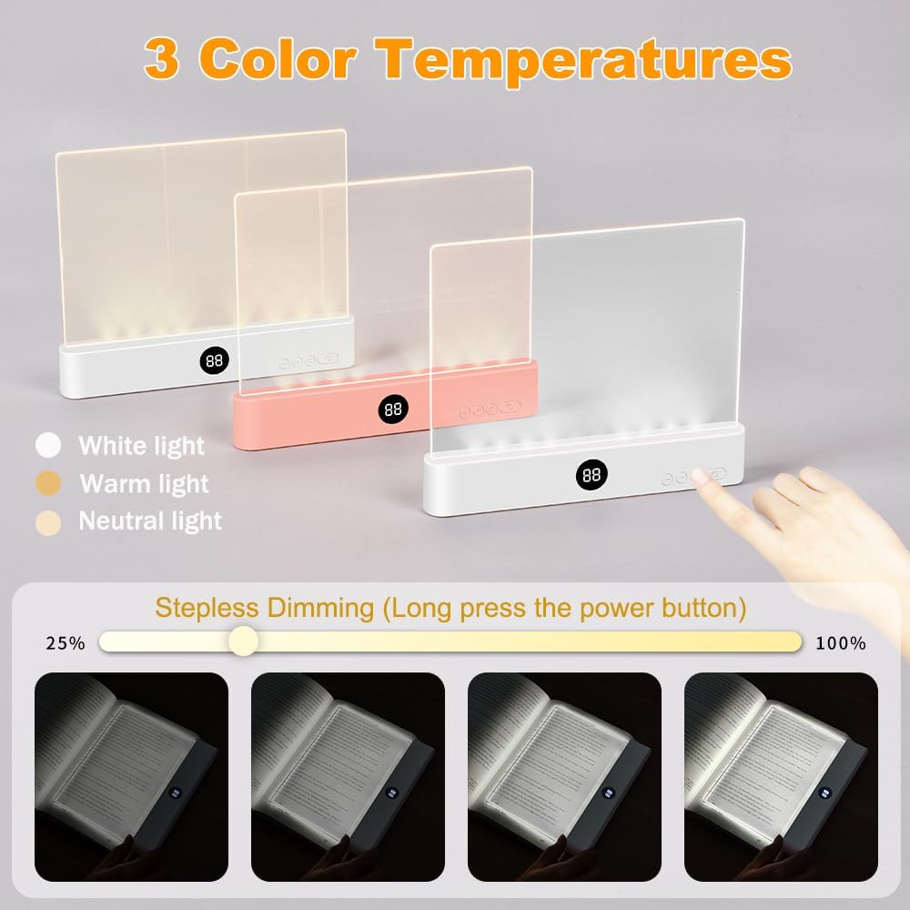 Amber Book Light, Rechargeable Clear LED Flat Reading Light with 3 Colors & Timer, Dimmable Panel Plate Lamp Book Full Page Light for Reading in Bed at Night, Funny Gifts for Readers Book Lovers