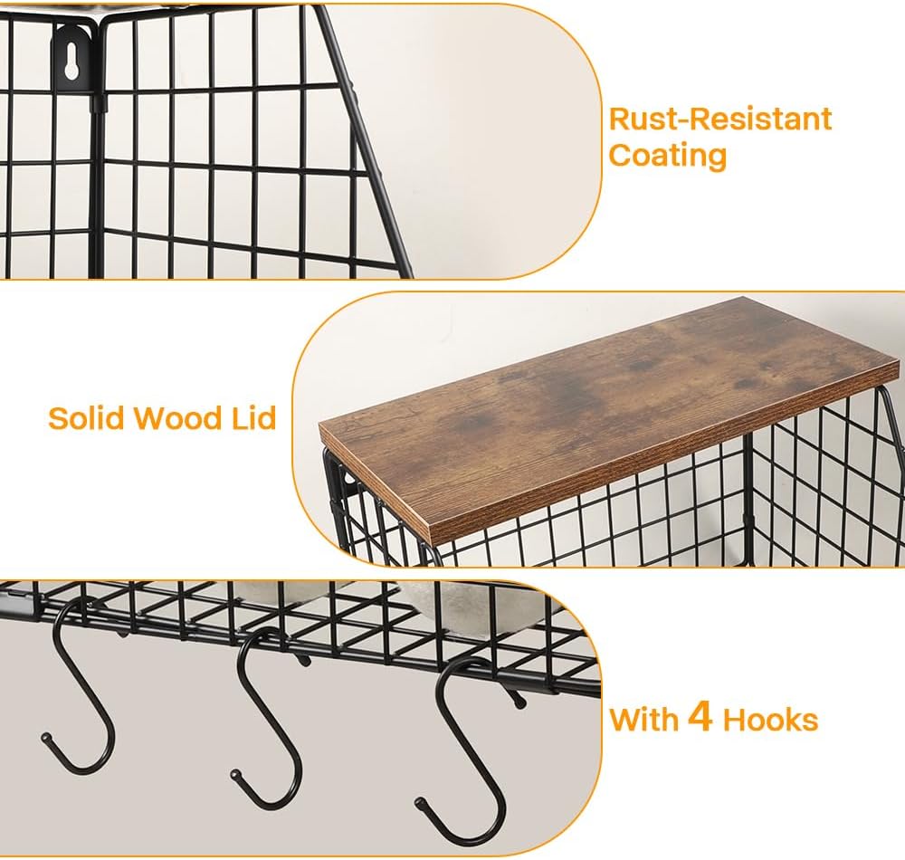 Picowe Laundry Room Shelves Wall Mounted, Metal Basket with Wood Lid (S) | Stackable & wall-mountable. Rust-resistant steel. Wooden top stores dryer sheets & lint rollers. Fits over washer/dryer.