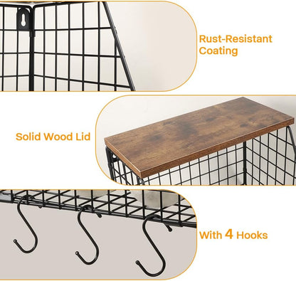 Picowe Laundry Room Shelves Wall Mounted, Metal Basket with Wood Lid (S) | Stackable & wall-mountable. Rust-resistant steel. Wooden top stores dryer sheets & lint rollers. Fits over washer/dryer.
