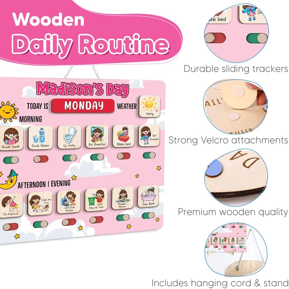 Wooden Daily Routine for Kids, Chore Chart for Toddler, Daily Responsibilities for Kids, Visual Schedule, Morning Bedtime Routine for Girls