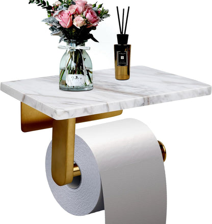 Toilet Paper Holder with Natural Marble Shelf for Bathroom Washroom,Wall Mounted Tissue Holder Suitable for Mega Roll (Brushed Nickel,Small 6.7 * 4.3 in)