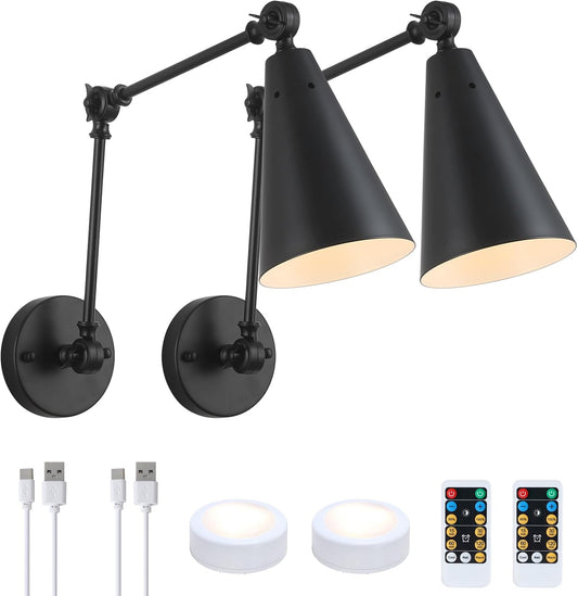 MWZ Black Swing Arm Wireless Rechargeable Sconces Set of 2,Battery Operated Dimmable 3 Color Cordless Wall Lamp with Remote,Indoor Wall Mounted Light Fixture with Cone Metal Shade for Bedside