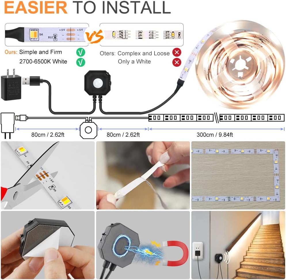 Wefomey Motion Sensor LED Light Strip, Motion Sensor Light Indoor Closet Lights, 2700K-6500K White Dimmable Led Strip Lights for Bedroom, Kitchen, Stair Motion Activated, 2PCS