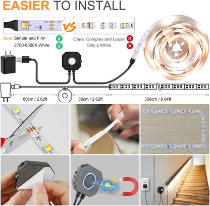 Wefomey Motion Sensor LED Light Strip, Motion Sensor Light Indoor Closet Lights, 2700K-6500K White Dimmable Led Strip Lights for Bedroom, Kitchen, Stair Motion Activated, 2PCS