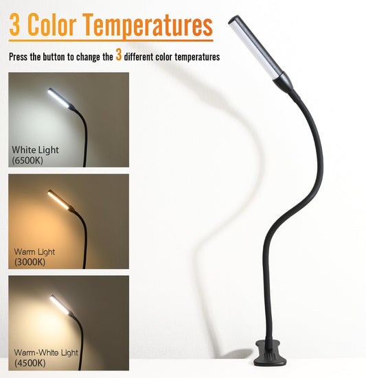 Clip on Reading Lamp, Clip Light, Warm & Daylight & White Light 3 Colors, Eye-Care Clamp Lamp with 10 Dimmable Illumination Modes