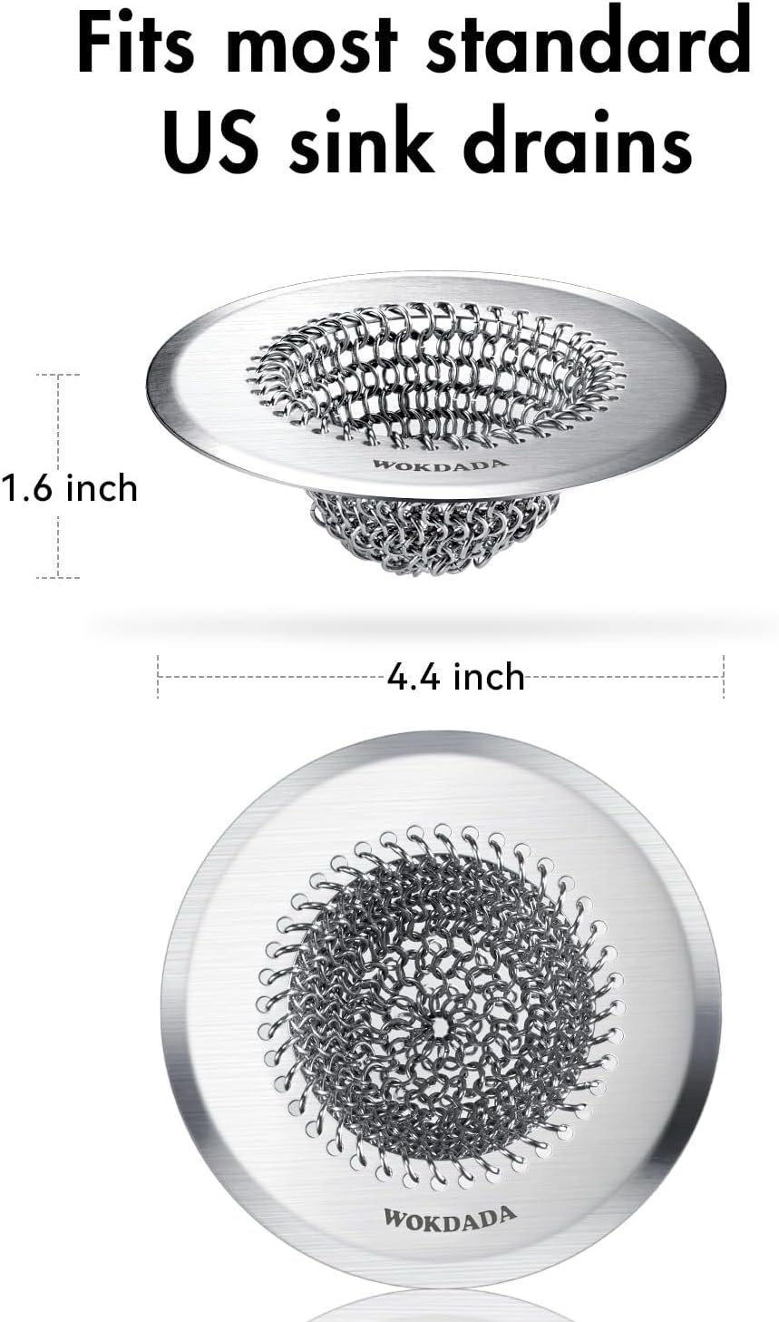 Kitchen Sink Drain Strainer,Patented Reversible Chain Mesh Basket Anti-Clog | Revolutionary Sink Strainer，Easy Clean，Fast Drainage，304 Stainless Steel Rust-Proof，4.4" Large Capacity Food Catcher，Handmade