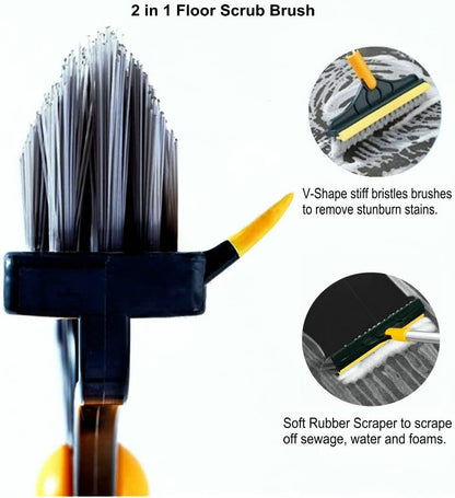 2 in 1 Cleaning Scrub Brush Grout Brush Scrapee 3 Poles 47.6'' Floor Scrub Brush with Long Handle V-Shape Stiff Bristle Brush Scrubber with Squeegee 120°Rotate Shower Scruber for Bathroom Glass