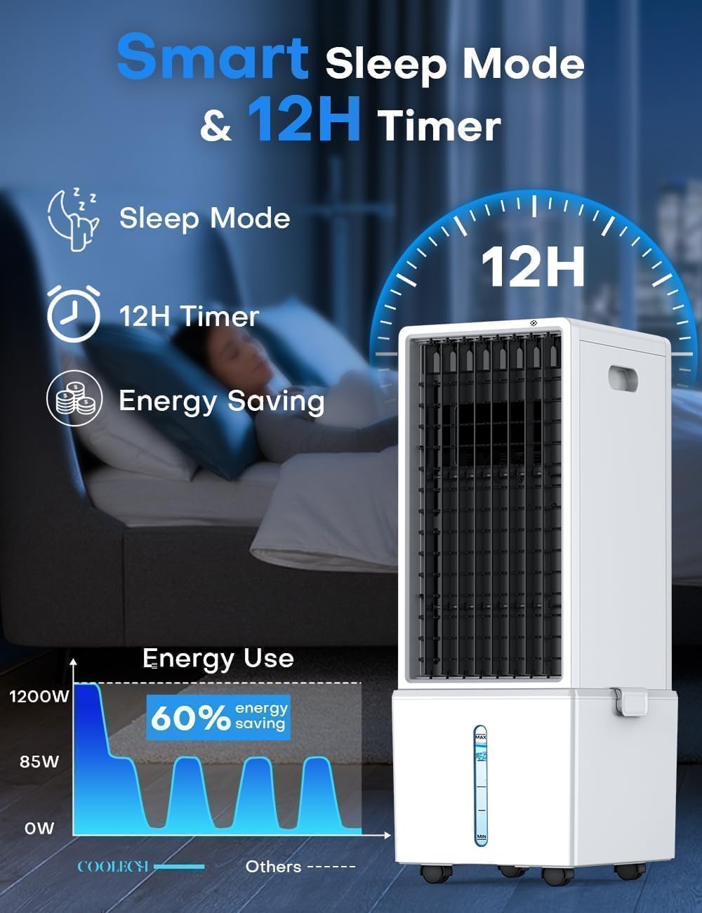 Portable Air Conditioners 4 Modes&3 Speeds,4 Ice Packs, Waterless Alert System, 12H Timer, Remote,1 Gal Detachable Water Tank, 70°Oscillation Windowless Evaporative Air Cooler for Room Office