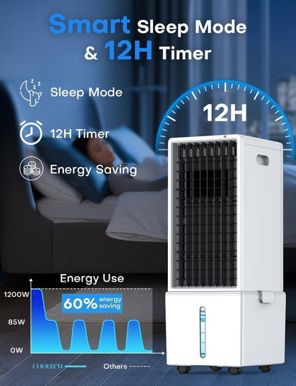 Portable Air Conditioners 4 Modes&3 Speeds,4 Ice Packs, Waterless Alert System, 12H Timer, Remote,1 Gal Detachable Water Tank, 70°Oscillation Windowless Evaporative Air Cooler for Room Office