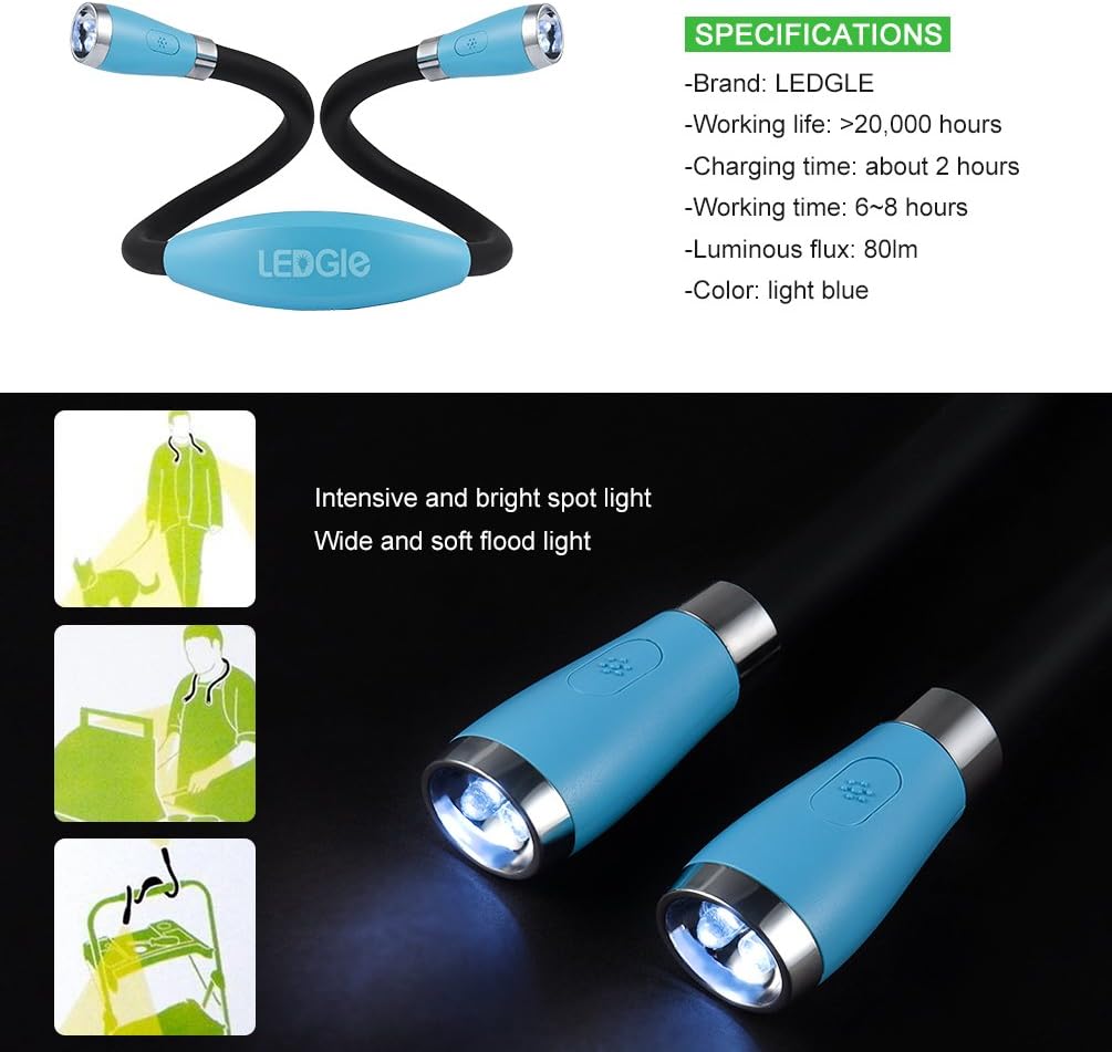 LEDGLE LED Neck Reading Light, Book Light for Reading in Bed, 3 Color Temperatures 6 Adjustable Brightness 1600K 3500K 6000K Flexible Neck Lights for Knitting Reading Crocheting Repairing (Black)
