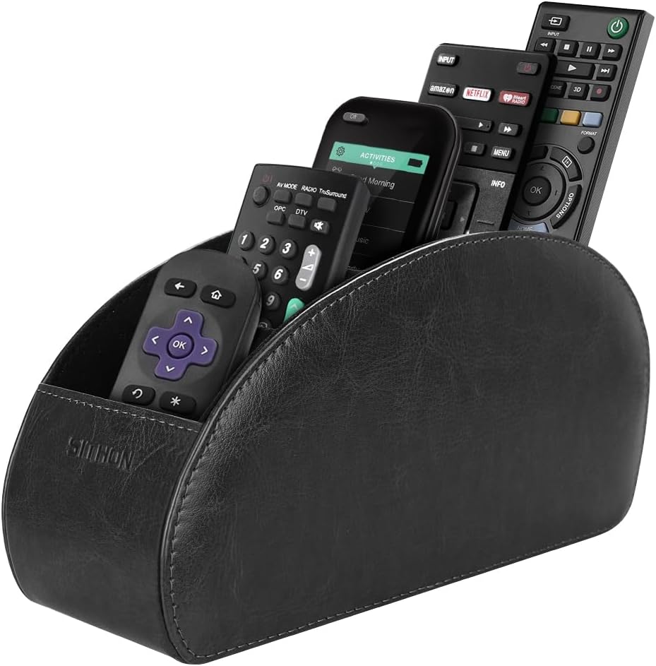 SITHON Remote Control Holder with 5 Compartments | PU Leather Remote Caddy Desktop Organizer Store TV, DVD, Blu-Ray, Media Player, Heater Controllers, Stripe Black